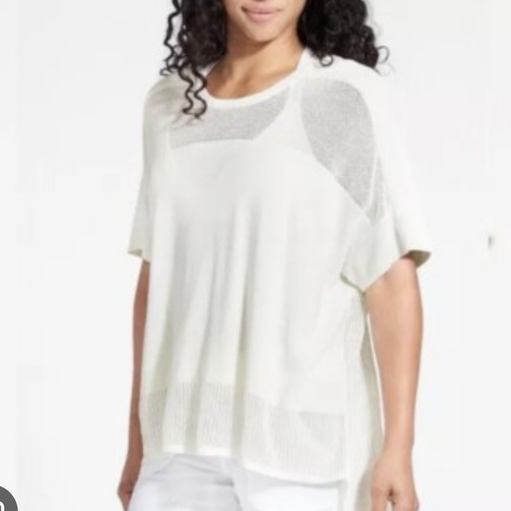 525 America White Mesh High Low Top Oversized Sheer Short Sleeve Blouse XS/S
